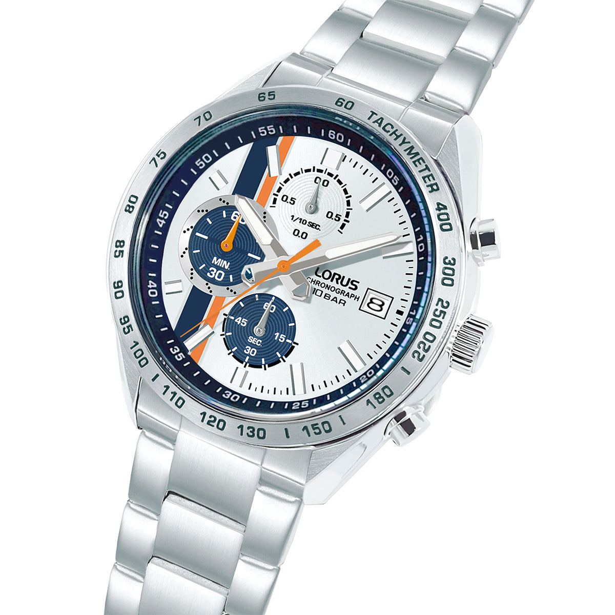 LORUS WATCHES Mod. RM399JX9 featuring a sleek stainless steel design with chronograph functionality and white dial.