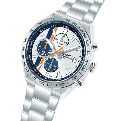 LORUS WATCHES Mod. RM399JX9 featuring a sleek stainless steel design with chronograph functionality and white dial.