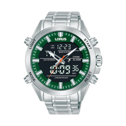 LORUS WATCHES Mod. RW667AX9 with digital chronograph display and silver stainless steel bracelet.