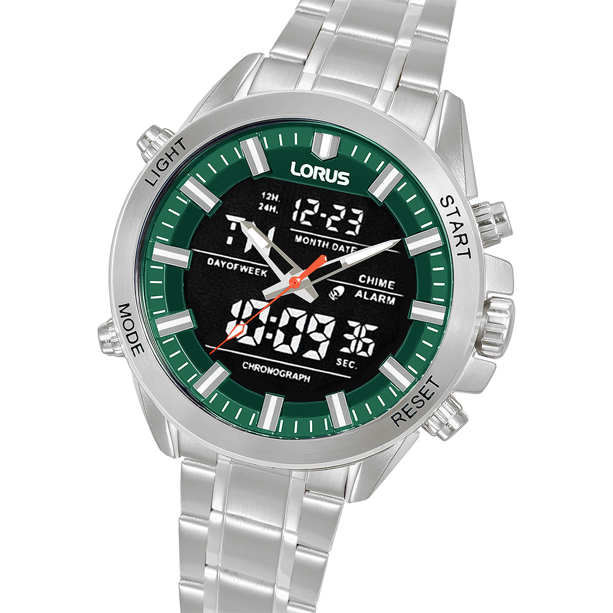 LORUS WATCHES Mod. RW667AX9 with silver bracelet and multifunctional black and green dial, featuring digital and analog display.