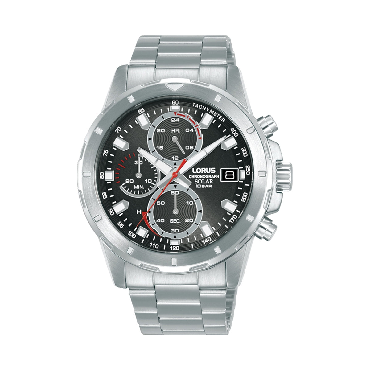 LORUS WATCHES Mod. RZ601AX9 featuring a sleek design with a tachymeter and chronograph dials in a silver stainless steel bracelet.