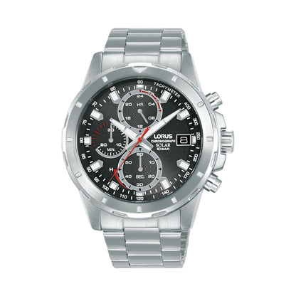 LORUS WATCHES Mod. RZ601AX9 featuring a sleek design with a tachymeter and chronograph dials in a silver stainless steel bracelet.