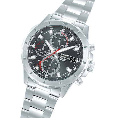 LORUS WATCHES Mod. RZ601AX9 stainless steel chronograph watch with black dial and date display