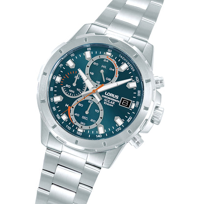 LORUS WATCHES Mod. RZ603AX9 featuring silver stainless steel bracelet and blue dial with chronograph.