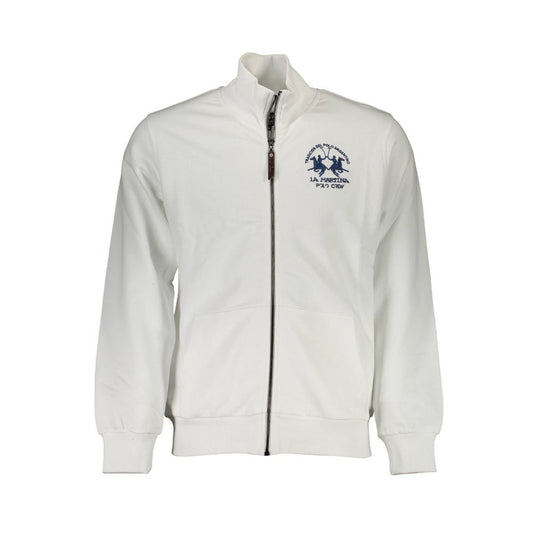 La Martina White Cotton Men Sweater with embroidered logo, Italian-crafted full-zip design, featuring dual pockets for chic casual wear.