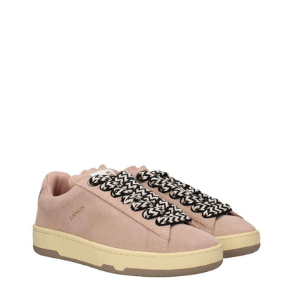 Lanvin Pink Leather Low Top Sneakers featuring suede, lace-up closure, vintage effect, and logos on front, side, and back.