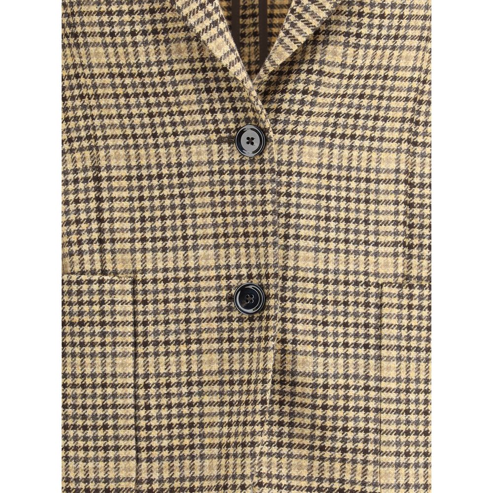 Close-up of Lardini Beige Wool Blazer showcasing houndstooth pattern and single-breasted button closure with classic lapel.