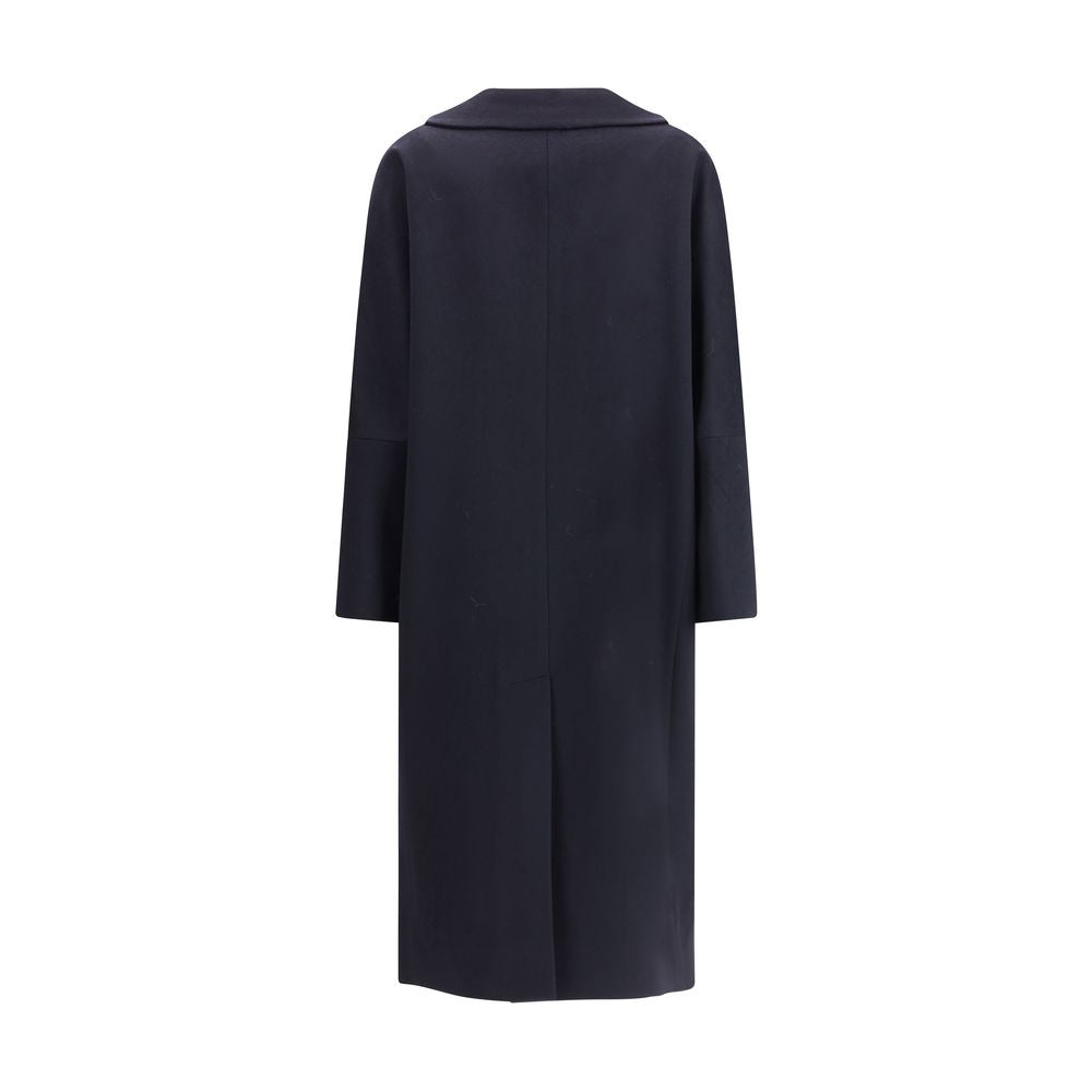 Back view of Lardini Black Cashmere Coat featuring wide classic lapel and sleek design.