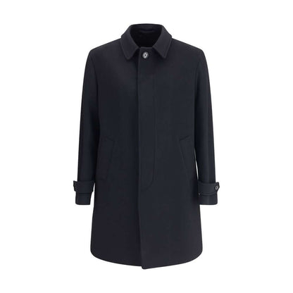 Lardini Black Fleece Wool Trench Coat with button closure, side pockets, and adjustable cuffs, made of 100% pure virgin wool.