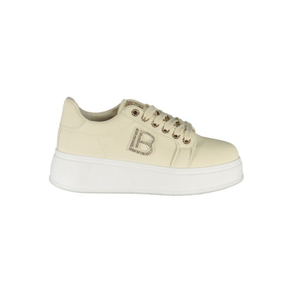 Laura Biagiotti Beige Polyester Women Sneaker with rhinestone logo on a white platform sole