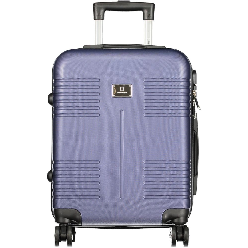 Laura Biagiotti Blue Polyethylene Luggage And Travel with 4 wheels, zip closure, padlock, and interior straps. Small trolley design.