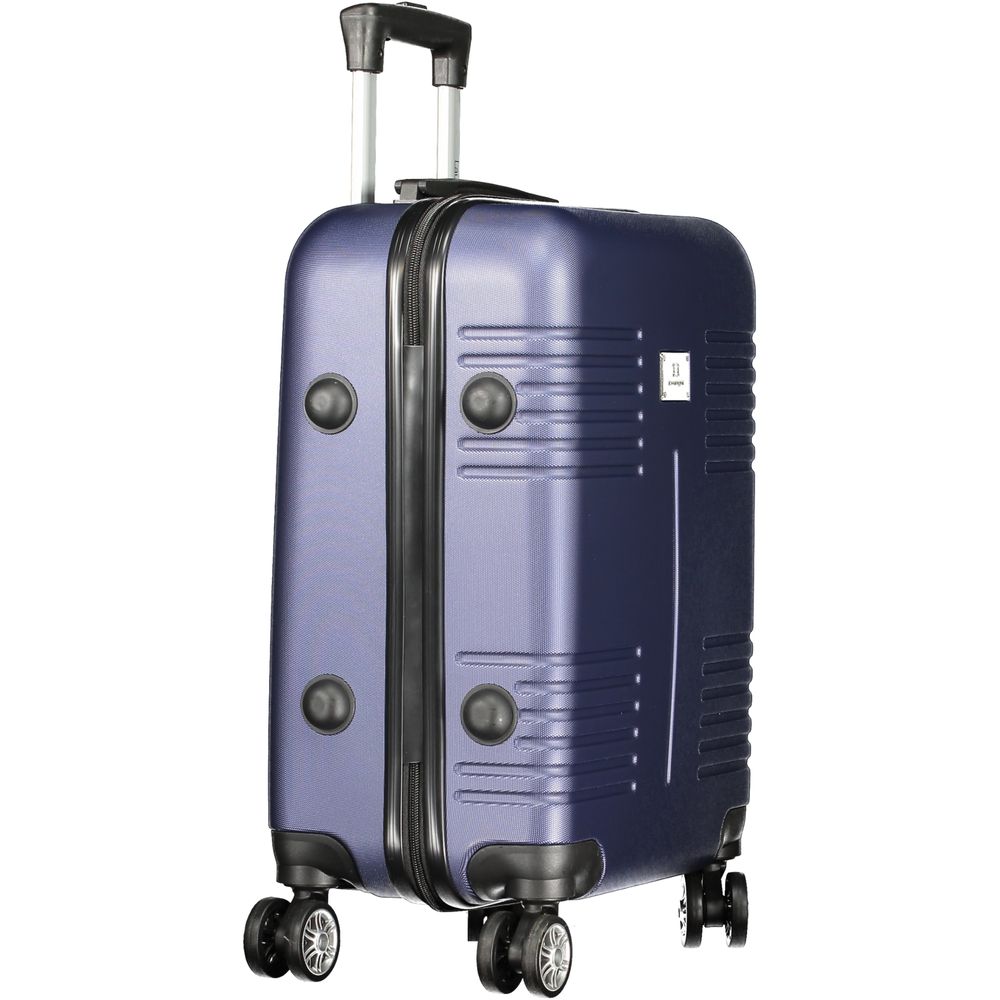 Laura Biagiotti Blue Polyethylene Luggage And Travel with four wheels, telescopic handle, and combination padlock.