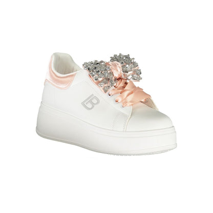 Laura Biagiotti White Synthetic Women Sneaker with rhinestone embellishments and lace-up design on a 4cm wedge sole.