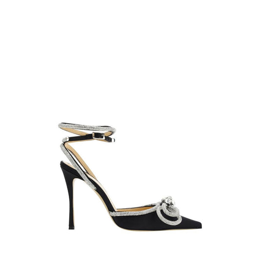 MACH & MACH Black Silk Stiletto Heel Sandals with beaded appliqué and shiny bow on leather heel, satin finish, and adjustable strap.