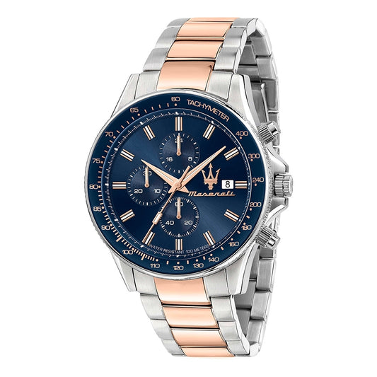 Luxury wristwatch MASERATI MOD. R8873640012 with silver stainless steel case and strap, blue dial, quartz movement.