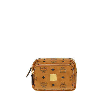 MCM Brown Cotton Shoulder Bag with iconic monogram print, gold-tone logo plaque, adjustable strap, and top zipper closure.