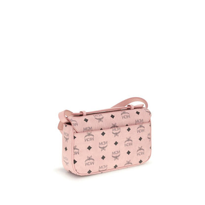 MCM Multicolor Polyethylene Handbag with gold metal snap closure and MCM logo, featuring a pink design and functional compartments.