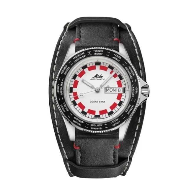 MIDO MOD. M026-830-16-030-00 automatic watch with leather strap, day-date display, and red and white dial.