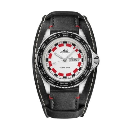 MIDO MOD. M026-830-16-030-00 automatic watch with leather strap, day-date display, and red and white dial.