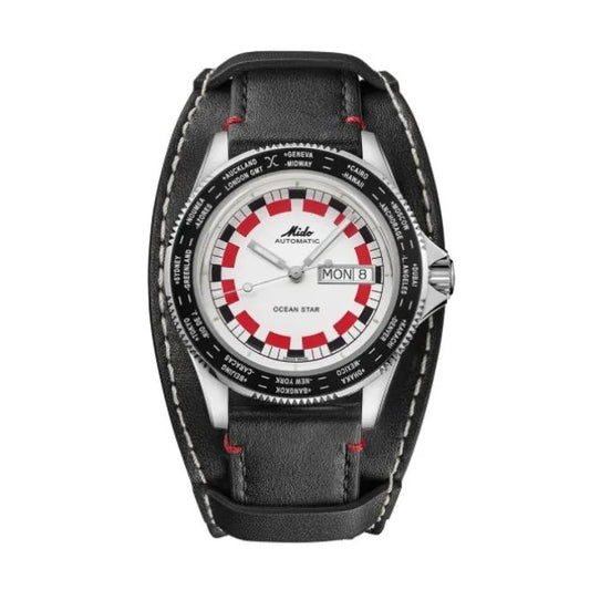 MIDO MOD. M026-830-16-030-00 automatic watch with leather strap, day-date display, and red and white dial.