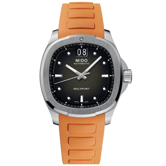 MIDO MOD. M049-526-17-081-00 watch featuring an orange strap and black dial with silver markers.