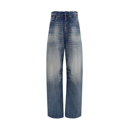 MM6 Blue Cotton Relaxed Fit Jeans with wide-leg, high-waisted design and frayed hems. Perfect for an edgy, casual look.