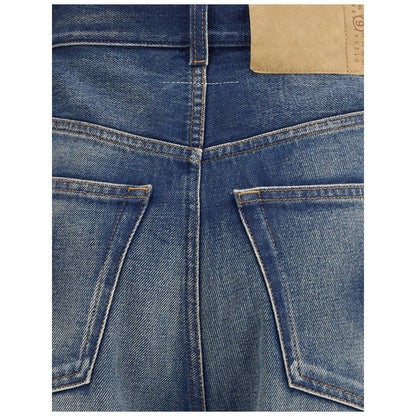 Close-up of back pockets on MM6 Blue Cotton Relaxed Fit Jeans with five-pocket design.