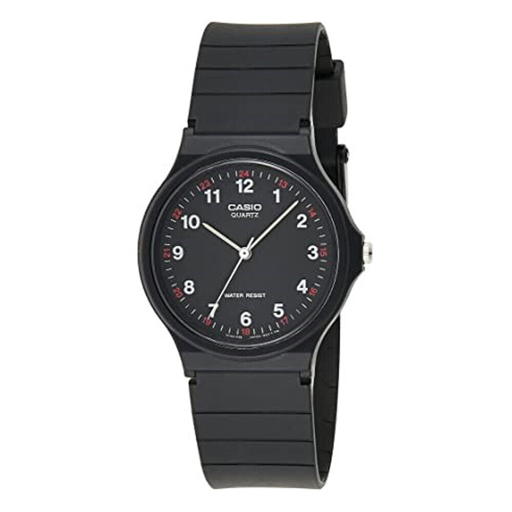 CASIO COLLECTION unisex wristwatch with 3 ATM water resistance, 35mm resin case, black quartz movement, official packaging.