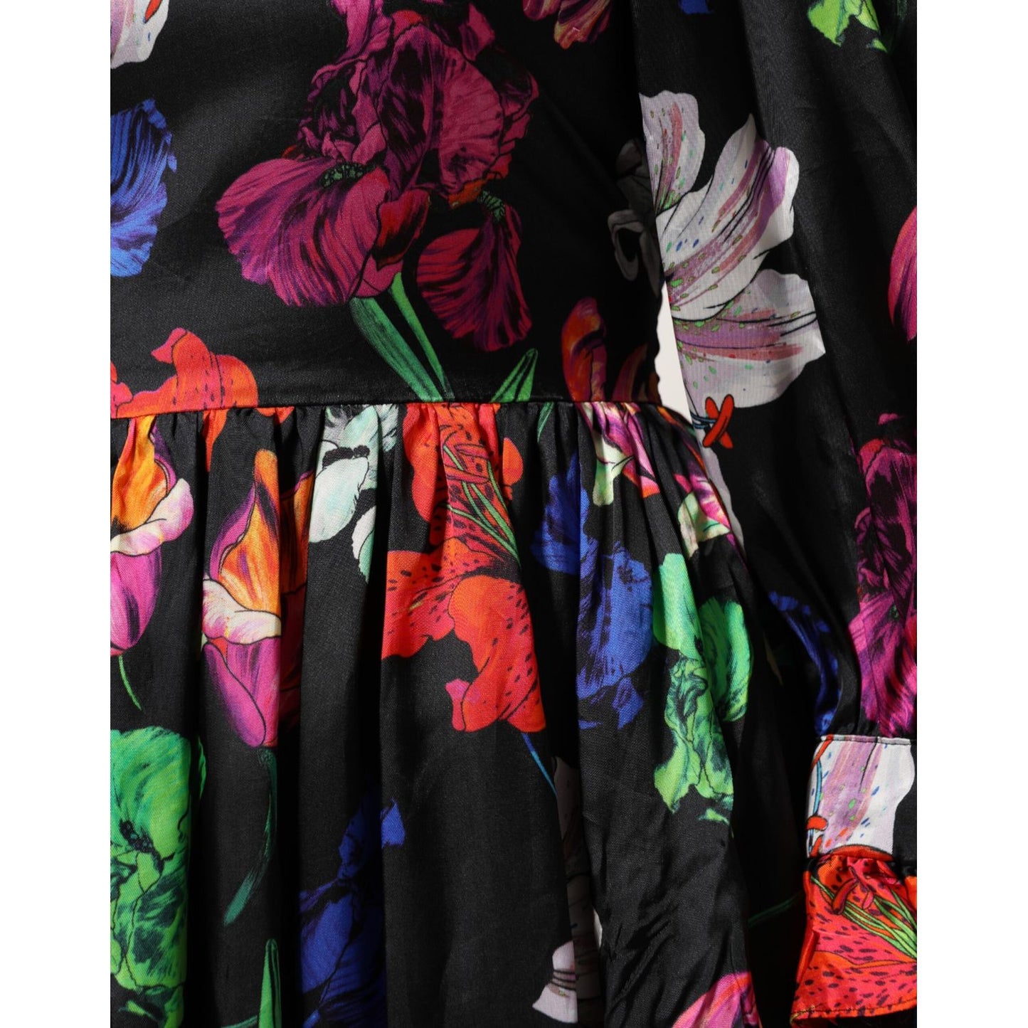 MSGM Dress Black Multicolor Floral Ruffle Long Sleeve Mini Dress