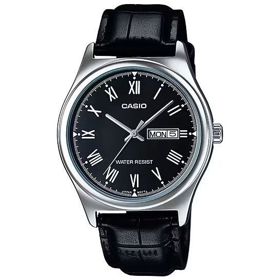 CASIO COLLECTION Mod. DAY DATE. ROMAN INDEXES. LEATHER - BLACK MTP-V006L-1BUDF
