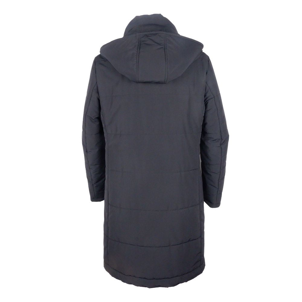 Back view of Made in Italy Black Wool Men's Raincoat with hood for classic style and weather resistance.