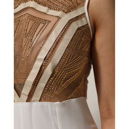 Mangano White Beige Mesh Crystal Embellished Sleeveless Jumpsuit