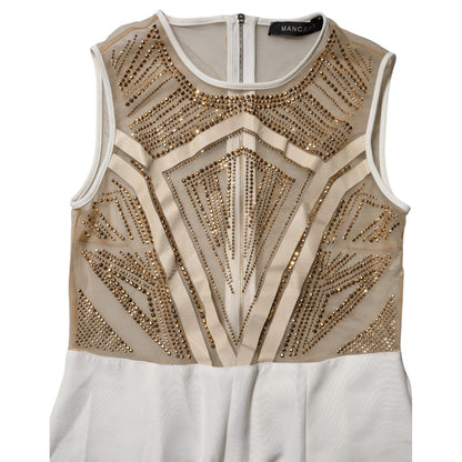 Mangano White Beige Mesh Crystal Embellished Sleeveless Jumpsuit