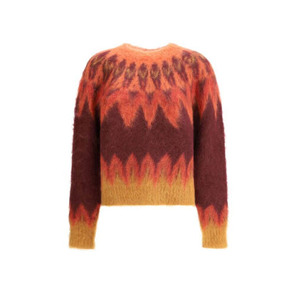 Colorful wool sweater with a Nordic-inspired Fair Isle pattern, featuring shades of red, orange, and yellow, with long sleeves and ribbed trims.