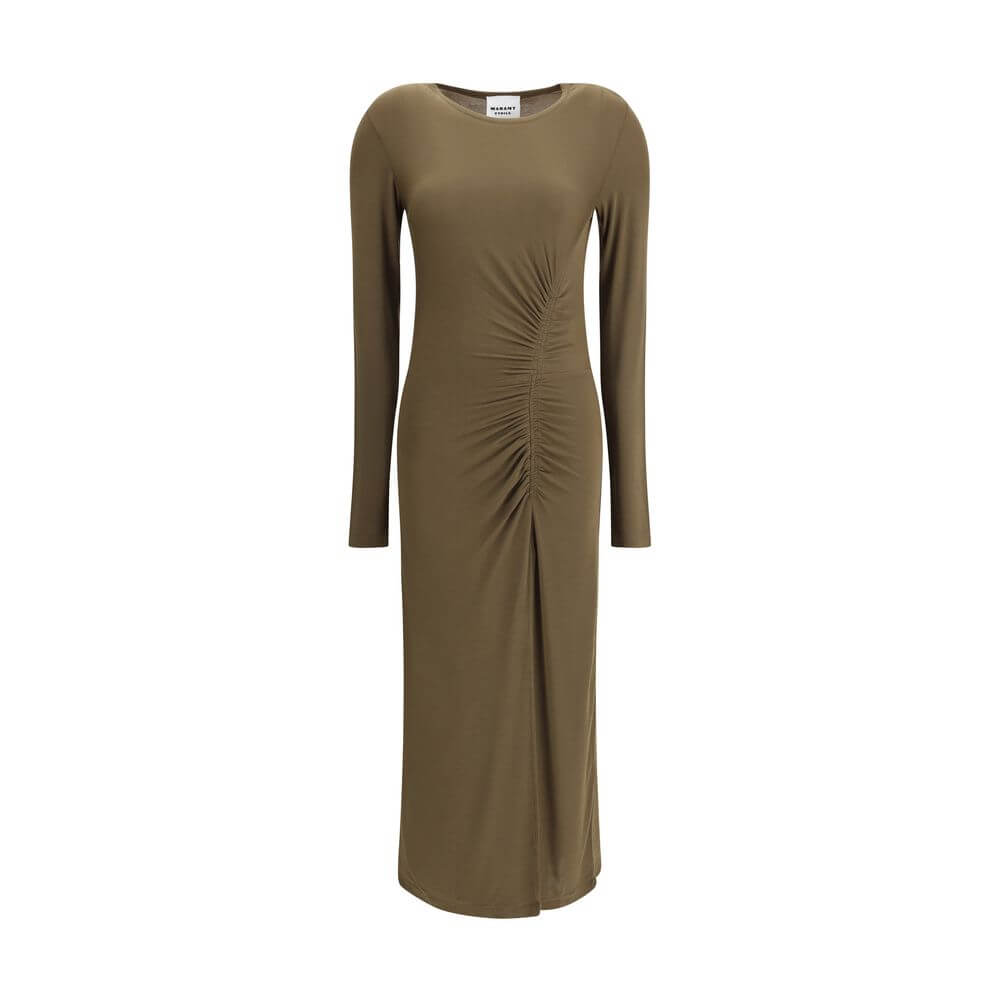 Marant Etoile Green Modal Casual Dress with elegant draping, long sleeves, and front slit, made of modal and elastane.