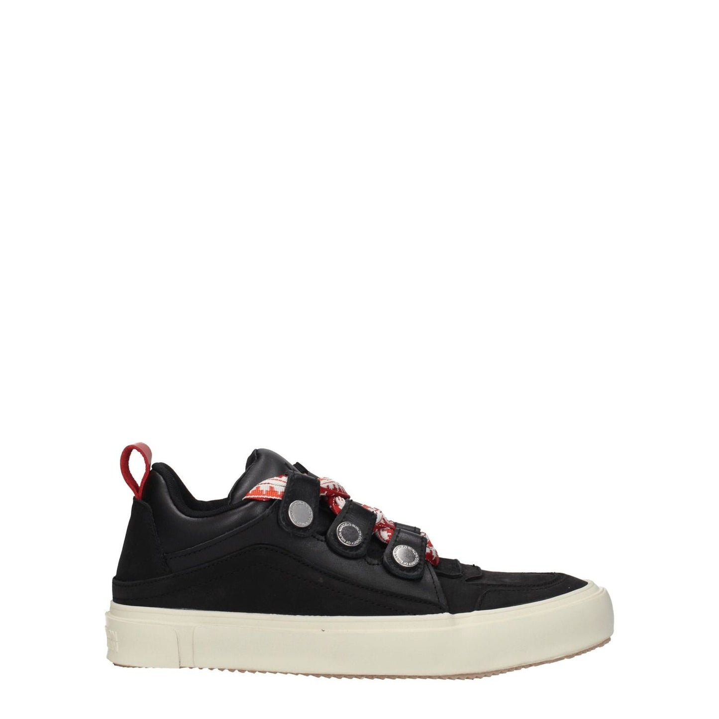 Marcelo Burlon Black Leather Low Top Sneakers with red accents, rubber sole, and lace-up closure.