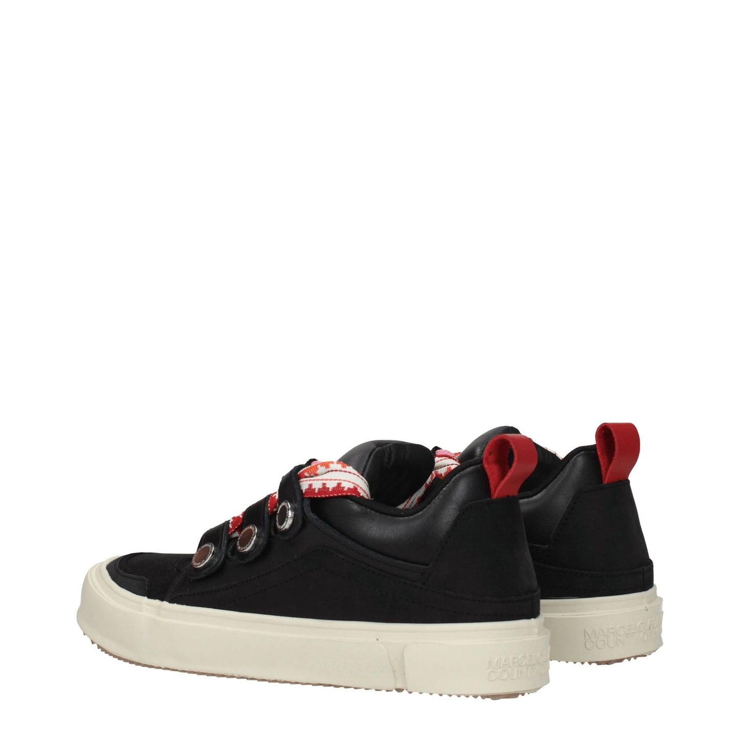 Marcelo Burlon Black Leather Low Top Sneakers with lace-up design and red accents, featuring logos on front, side, and back.