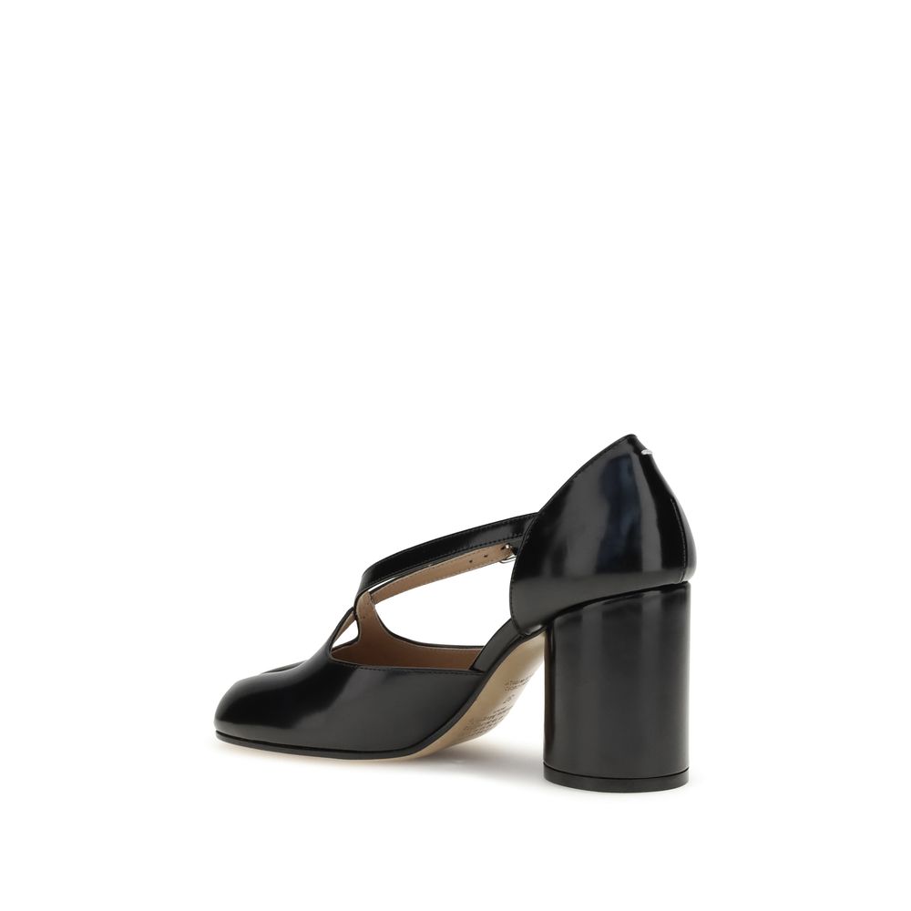 Margiela Black Calf Leather Bos Taurus High Heel Pumps with crisscross straps and iconic separated toe, side view