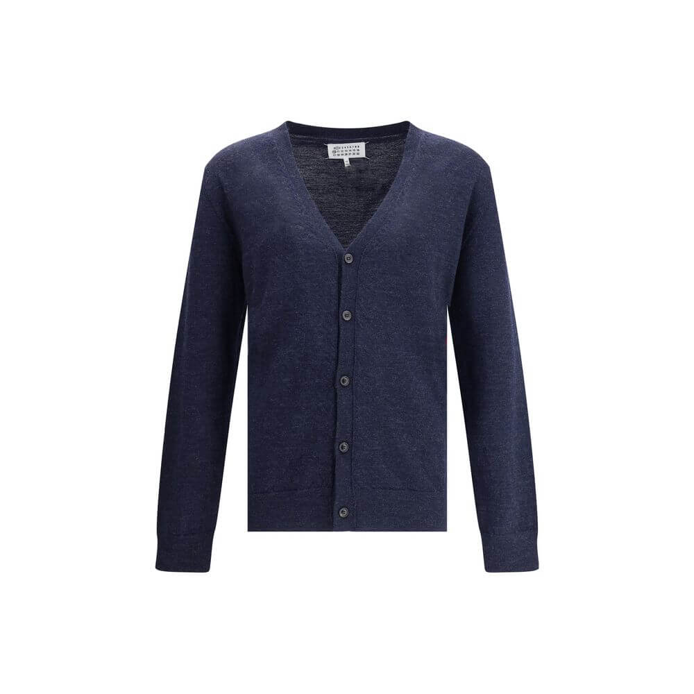 Maison Margiela Blue Wool Cardigan with V-neck, button closure, and ribbed hem, featuring elegant elbow patches for timeless style.