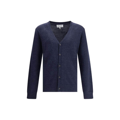 Maison Margiela Blue Wool Cardigan with V-neck, button closure, and ribbed hem, featuring elegant elbow patches for timeless style.