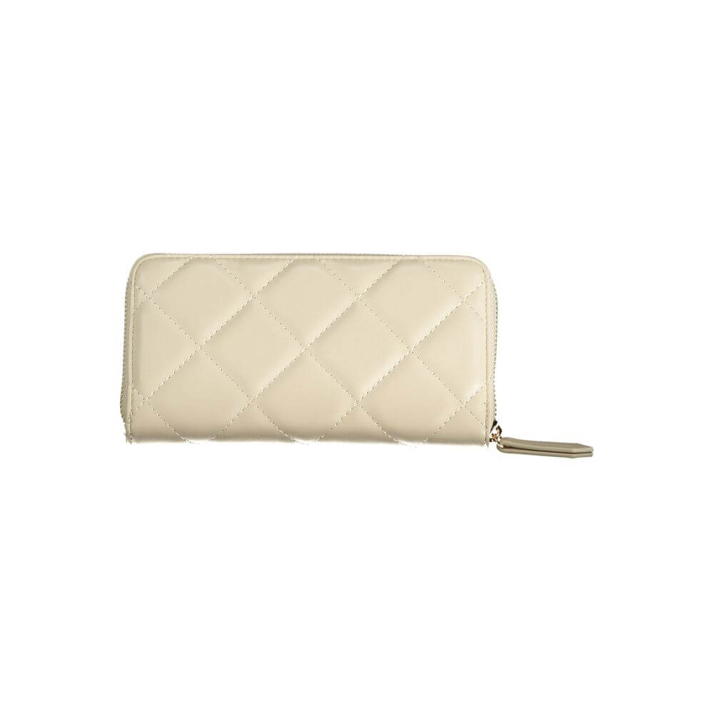 Mario Valentino Beige Polyethylene Wallet with 6 compartments, coin purse, card spaces, zip closure, and contrasting details.