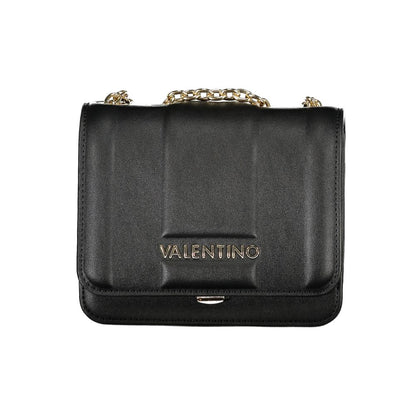 Mario Valentino Black Polyethylene Women Handbag with gold chain strap and snap closure, featuring iconic Valentino logo on the front.