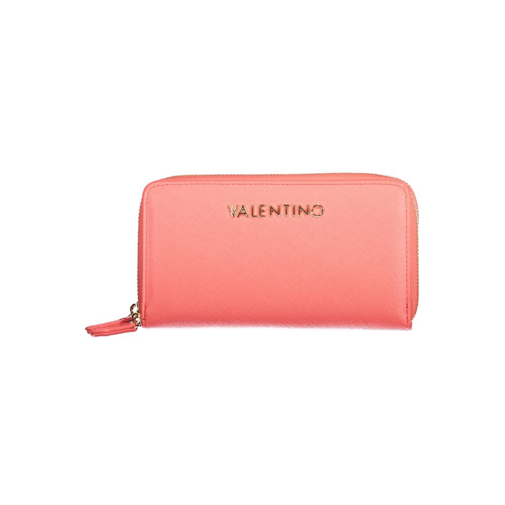 Mario Valentino Pink Polyethylene Wallet with double compartments, coin purse, card spaces, and zip closure featuring logo.