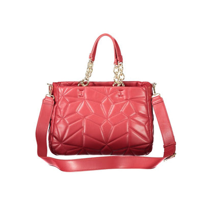Mario Valentino Red Polyethylene Women Handbag with chain handles and adjustable strap on display.