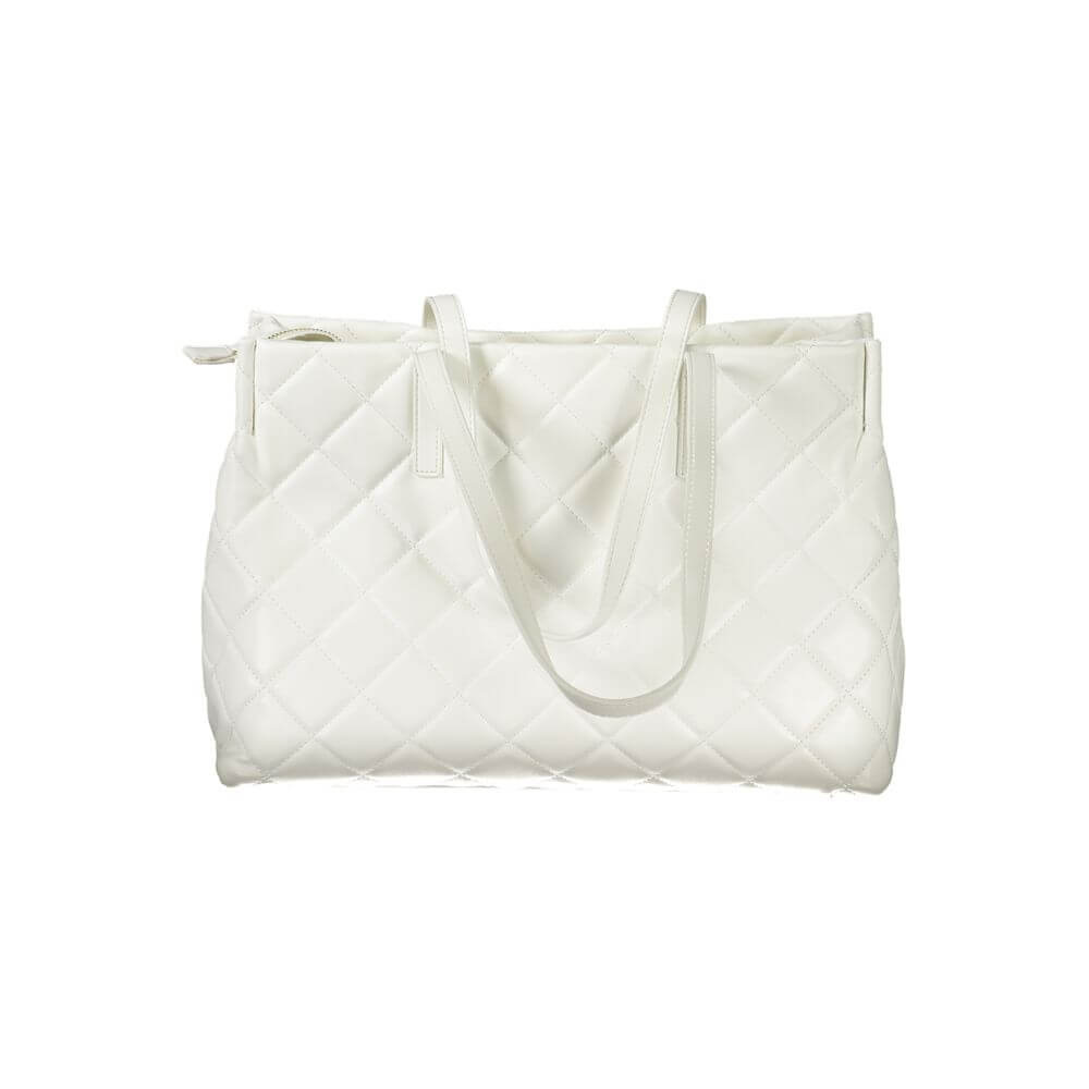 Alt Tag: Mario Valentino White Polyethylene Handbag with two handles, laptop compartment, central pocket, and contrasting details.