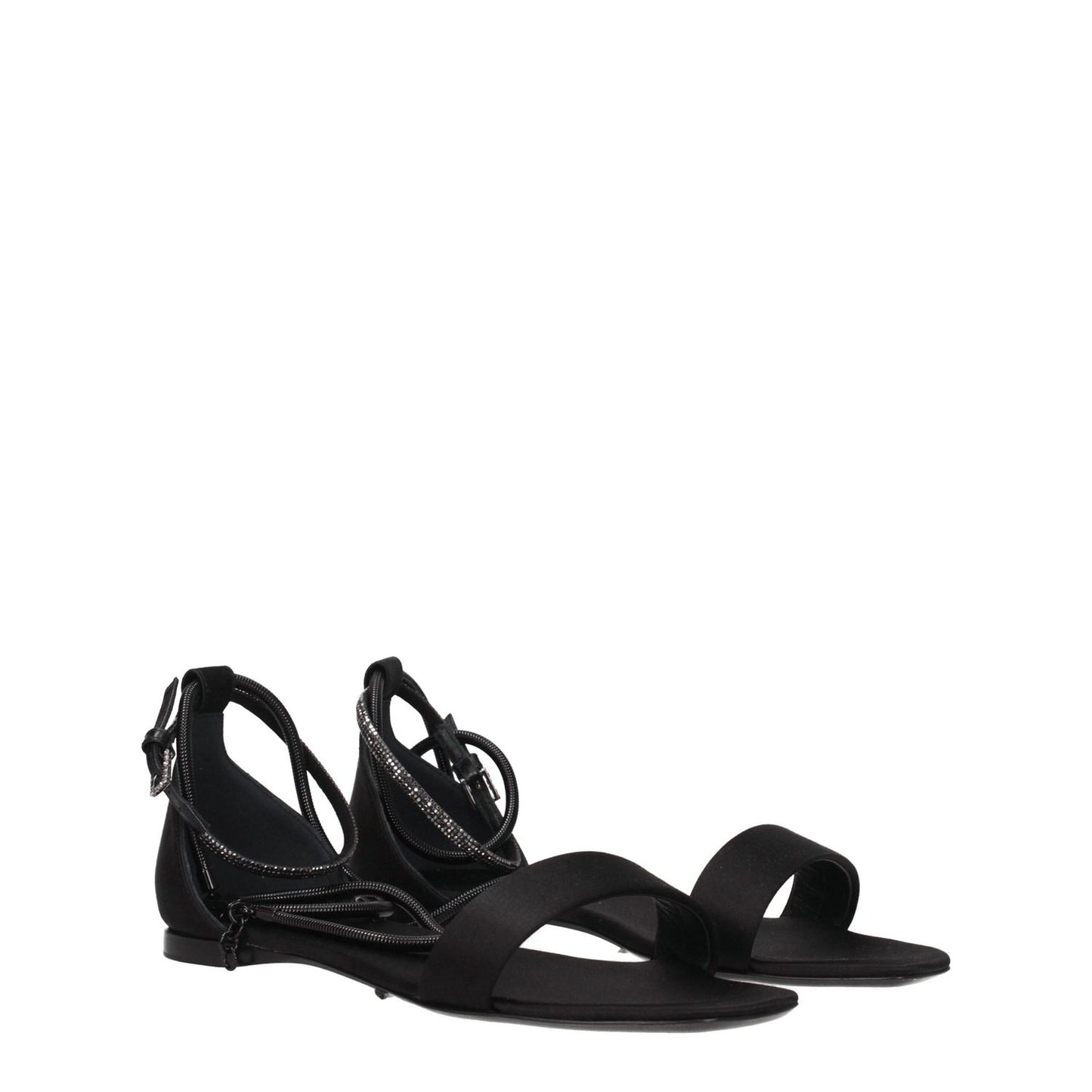 Max Mara Black Satin Flat Sandals with buckle closure and leather sole, featuring open toe and low heel design. MPN: ELI23452123316001