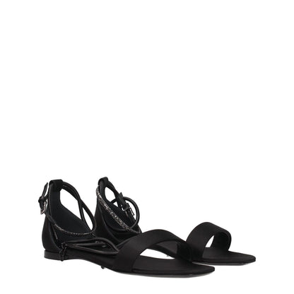 Max Mara Black Satin Flat Sandals with buckle closure and leather sole, featuring open toe and low heel design. MPN: ELI23452123316001