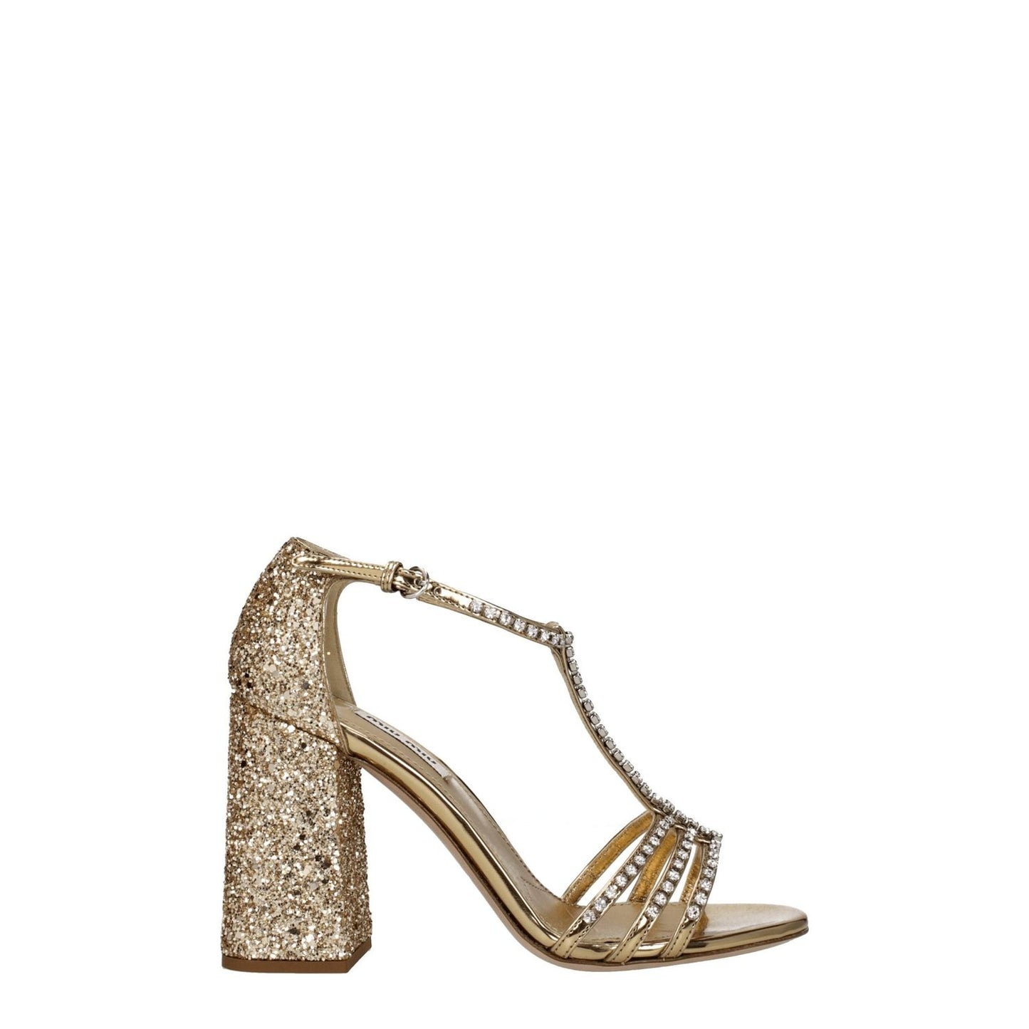Miu Miu Gold Plastic Platform Sandals with high heel and rhinestone detailing, open toe, gold glitter, and buckle closure.