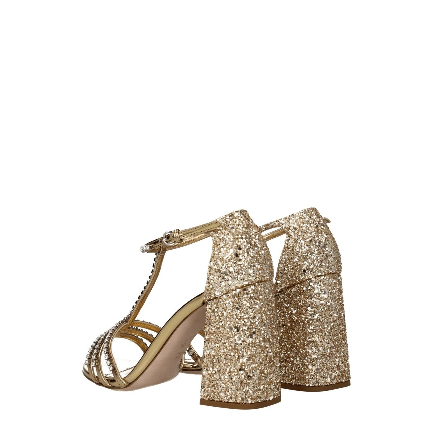 Miu Miu Gold Plastic Platform Sandals with rhinestone detail, high heel, buckle closure, open toe design, glitter finish.