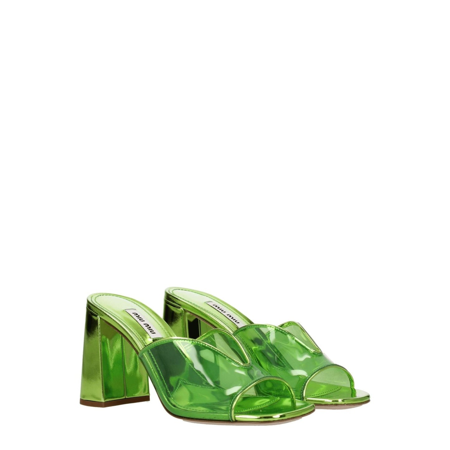 Miu Miu Green Plexiglass Platform Sandals with mid heels and open toe design in leather, style code F76693. Perfect for casual wear.